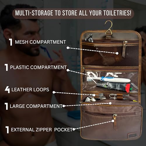 Brown Leather Hanging Toiletry Bag for Men Travel Dopp Kit Organizer