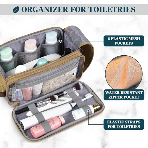 Khaki Large Travel Toiletry Bag for Men – Water-Resistant Shaving Organizer 12.5x6x7 Inches