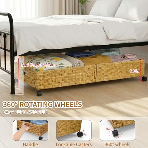 Gvztxoe 2-Pack Large Under Bed Storage Containers with Wheels, Handwoven Rattan Bins for Clothes & Bedding