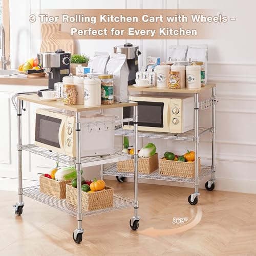 3-Tier Rolling Kitchen Cart with Wood Top and Slider Shelf - 35.4"L x 18.1"W x 31.9"H, Metal & Wood, Chrome Finish