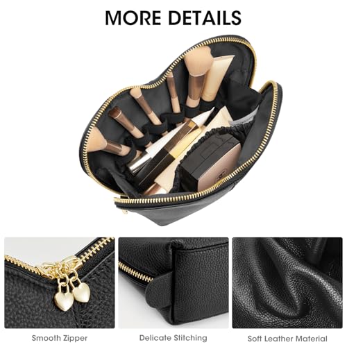 Heart Shaped Leather Makeup Bag - Large Travel Toiletry Organizer for Women - Black