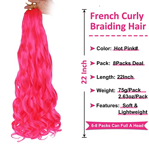 Pink French Curly Braiding Hair 22 Inch Pre-Stretched 8 Paks for Black Women - Hot Pink