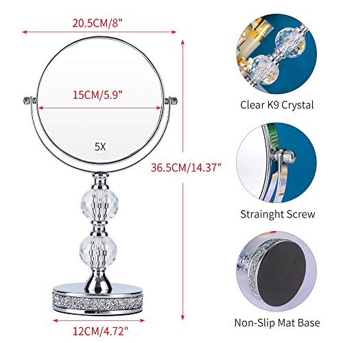 Hanjue Makeup Mirror, 360 Degree Swivel Vanity Mirror, Crystal Cosmetic Mirror, 1X/5X Magnifying Double Sided Mirror,Adjustable Makeup Mirror M020