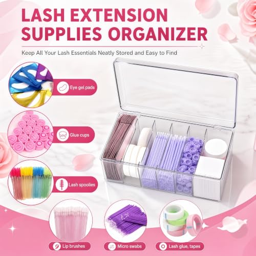 Acshio Lash Extension Organizer with 6 Compartments - Clear Plastic Storage Box for Beauty Supplies