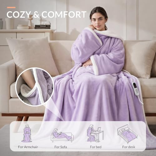 HOMLYNS Purple Wearable Heated Blanket with Foot Pocket & Sleeves, 52 x 72 inches