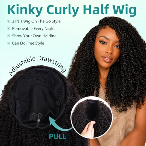 MSGEM Afro Kinky Curly Half Wig Human Hair 16 Inch 220% Density Glueless & Beginner Friendly