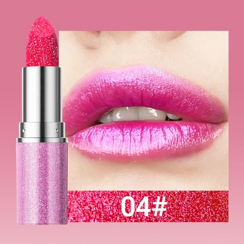 Erinde Metallic Glitter Lipstick for Women, Long Lasting Sparkle Lipsticks, High Shine Diamond Creamy Lipstick Lipcolor Makeup, Hydrating Glimmer Finish, Sparkling Lip Gloss, 04 Hot Pink