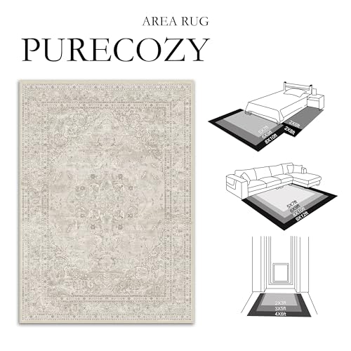 PureCozy Vintage Beige 8x10 Low Pile Washable Area Rug - Large Living Room Carpet