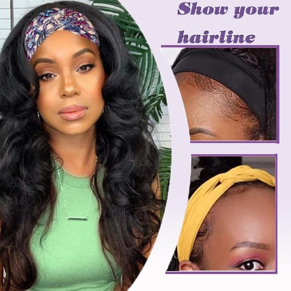 Black Body Wave Headband Wig 16 Inch Human Hair Glueless Brazilian Virgin Hair