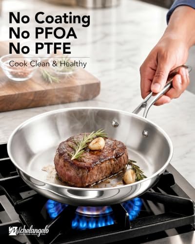 Michelangelo 3-Pack Tri-Ply Stainless Steel Frying Pan Set 8/9.5/11 Inch - Fully Clad, Oven Safe, No Coating