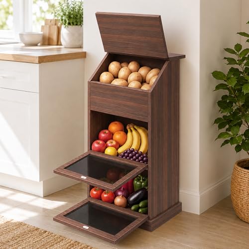Verssure Walnut 3-Tier Wooden Produce Storage Bin with Lid for Fruits & Vegetables