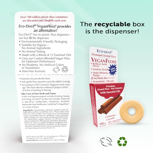 Eco-Dent Vegan Floss Cinnamon 1800ft Pack of 1 - Recyclable, Plant-Based Wax