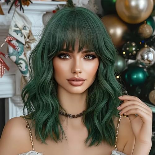 NAYOO Dark Green Wavy Bob Wig with Bangs - 14 Inch Short Green Synthetic Hair for Daily Wear & Cosplay