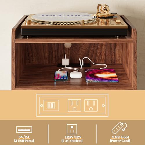 Walnut Record Player Stand with Storage, Charging Station & USB Ports