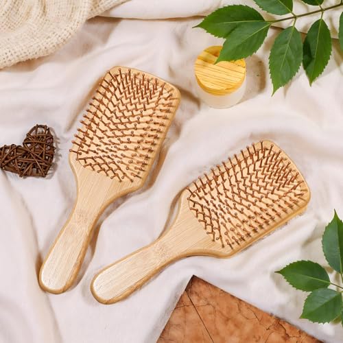 Molain 10 Pcs Bamboo Hair Brush Set – Round-Tipped Detangling Paddle Wood Brushes, Anti-Static & Portable