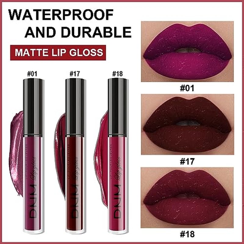 AMY'S DIARY Dark Red Purple Matte Plum Liquid Lipstick 3Pcs Sets,24-hour Lipstick Dark Deep Maroon Purple Brown Plum Red Lip Stain 24 Smudge Waterproof for Women