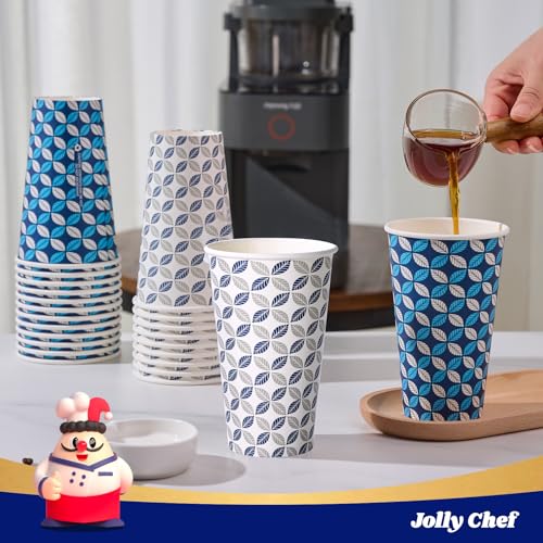 JOLLY CHEF 1000 Pack 16 oz Paper Coffee Cups - Blue & Grey Leaf Design