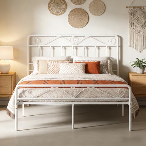 Full Size Metal Headboard for Bed Frame - White Victorian Style, Adjustable Height