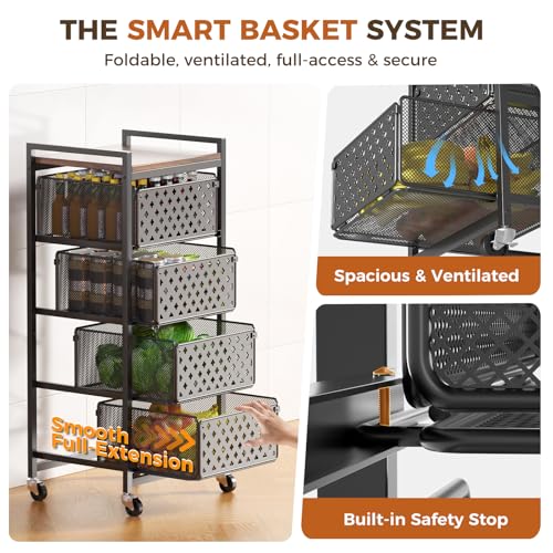 Black 5-Tier Kitchen Storage Cart with Wheels, Pull-Out Baskets & Wood Top