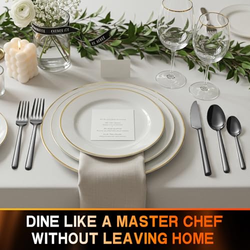 TININA Black 40-Piece Stainless Steel Flatware Set for 8 - Modern Round Handle, Mirror Finish, Dishwasher Safe