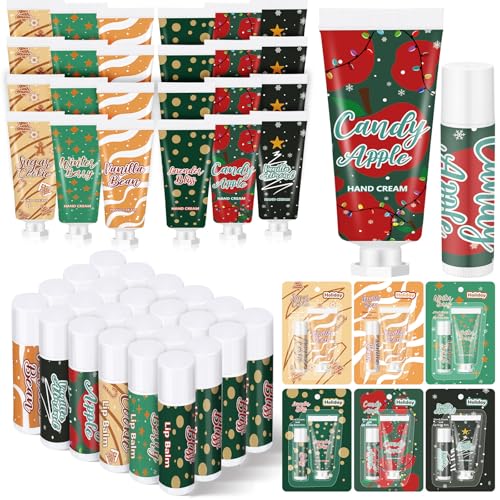 Loopeer 48pcs/24sets Christmas Hand Cream and Lip Balm Gift Sets for Women Travel Hand Lotions Moisturizing Lip Care Lipstick for Dry Cracked Christmas Stocking Stuffer Xmas Bulk Gift Coworker Adult