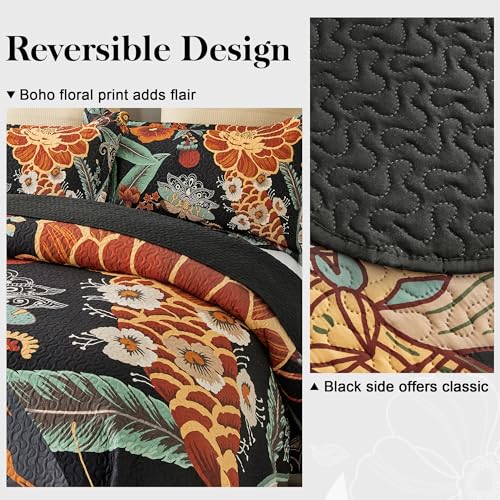 Mocha Noir 3-Piece Boho Floral Butterfly King Quilt Bedding Set