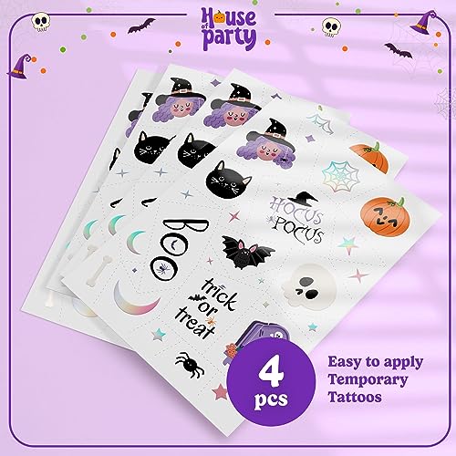 HOUSE OF PARTY Halloween Temporary Tattoos for Kids - 112 PCS Hocus Pocus Stickers, Bat Tattoos, Skull Stickers, Witch Tattoos, Spider Webs - Ideal for Hocus Pocus Party Favors and Decorations!