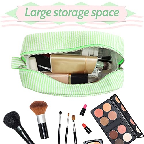 Seersucker Cosmetic Bag, Large Makeup Pouch Travel Toiletry Case with Zipper Closure Seersucker Cosmetic Organizer for Women Girls, Baby Diaper Bag Organizer