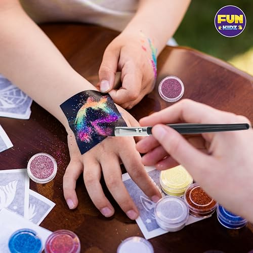 Kids Temporary Tattoo Kit with Glitter, Stencils & Body Markers - FunKidz