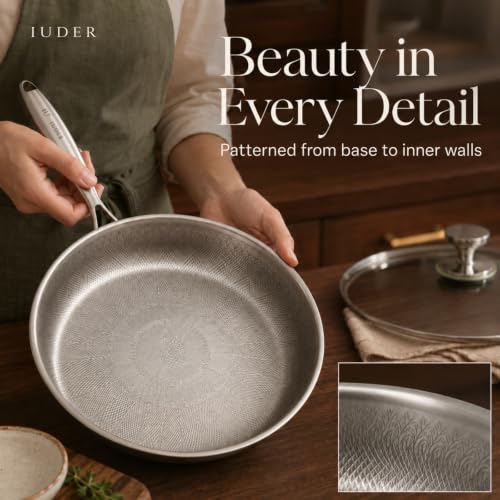 IUDER 12-Inch Titanium Frying Pan with Lid, Coating-Free, Hammered Surface