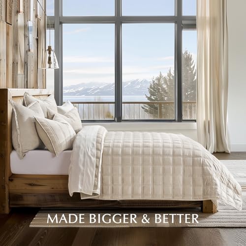 Double Box Stitch Velvet Quilt Set - King Beige Luxurious Bedding with Sham, Oversized