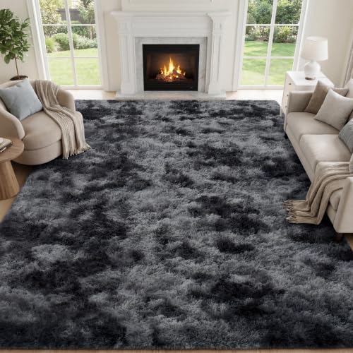 9x12 Tie-dyed Dark Grey Fluffy Shag Rug - Non-Slip Thick 9ft x 12ft Living Room
