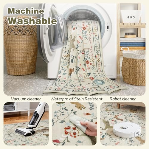 Yidanamy 8x10 Beige Boho Floral Washable Area Rug for Living Room & Bedroom
