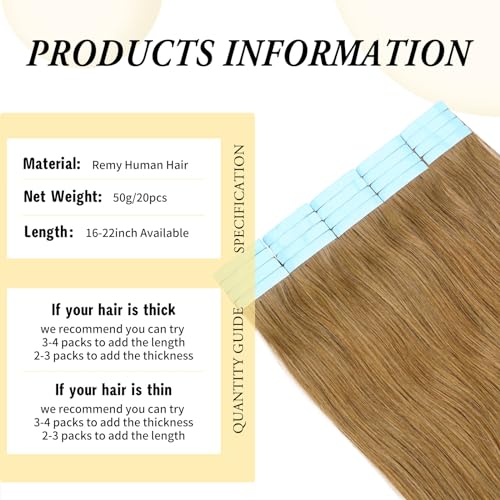 Tape in Hair Extensions Human Hair 16 Inch Light Brown 20 Pcs/50g - Remy Salon Quality