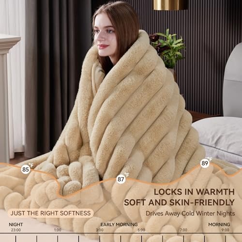 HaloRest Faux Fur Throw Blanket Beige 80x90 Inches - Thick, Plush, Double-Sided Warm Blanket