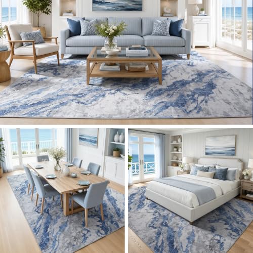 Blue Grey Coastal Area Rug 8x10 Modern Abstract Ocean Pattern for Living Room - Light Blue