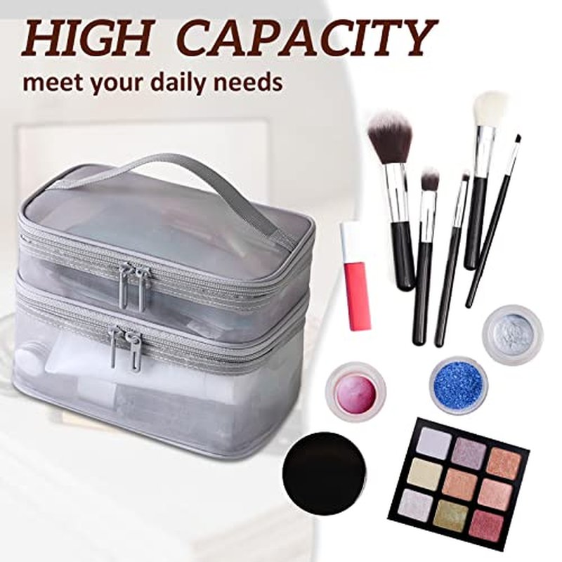 Double Layer Makeup Bag, Large Mesh Travel Cosmetic Pouch with Double Zipper, Vertical Make up Bag, Multifunctional Toiletry Bag for Makeup Brushes (Gray)