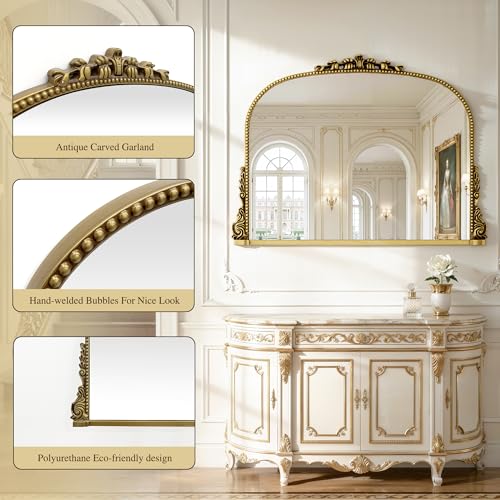 Vintage Gold Arched Baroque Wall Mirror - 28x36 Inch Elegant Frame with HD Tempered Glass
