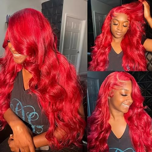 Red Lace Front Wig 13x4 HD Transparent Swiss Lace Body Wave 26 Inch Pre-Plucked Glueless Synthetic Hair for Black Women - Bright Red
