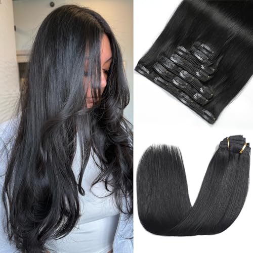 Clip in Hair Extensions Real Human Hair - 140g 7pcs Natural Black 16 Inch