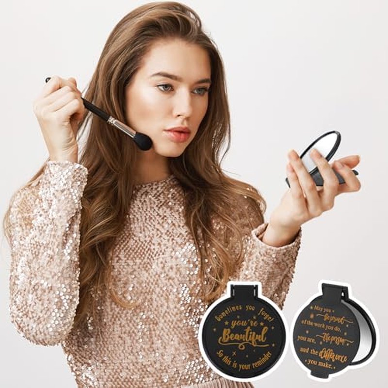 100pcs Black Compact Mirror Bulk Gifts for Women, Mini Inspirational Purse Handheld Makeup Pocket Mirror, Round Portable Makeup Folding Mirrors Gift for Christmas Valentine Daily Travel Coworker