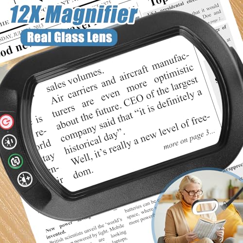 IVMAIE 12X Magnifying Glass with Light & Stand - Black, 5 Color Modes Dimmable LED, Hands-Free Floor & Clamp Lamp, Reading & Crafting