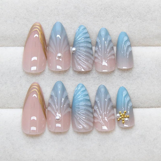 Blue Ocean Press on Nails Medium Almond Beach Starfish Sea Shell with Pearl Design 5D Embossed French Tip Artificial Acrylic Summer Fake Nails for Women Girls Finger Manicure Decorations 24Pcs