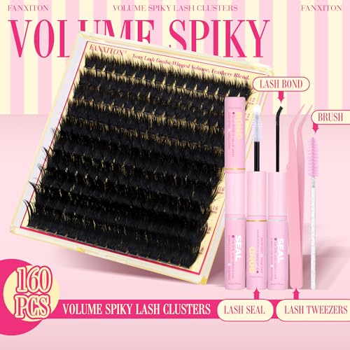 Volume Lash Clusters Kit with Spikes Lash Extension Kit 300D Lashes Cluster Eyelash Clusters 10-18mm Thick D Curl Lash Clusters 3D Fluffy Cluster Eyelash Extensions Lash Bond and Seal Tweezers Brush