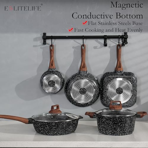 Black 9-Piece Nonstick Cookware Set with Granite Coating, Compatible with All Stovetops