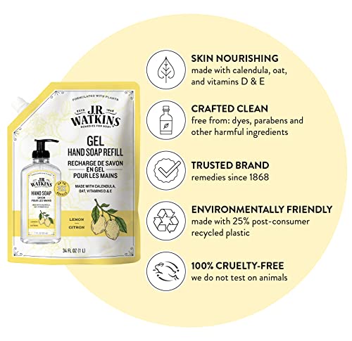 J.R. Watkins Lemon Hand Soap Refill Pack of 6, 34 fl oz - Moisturizing Liquid Hand Wash