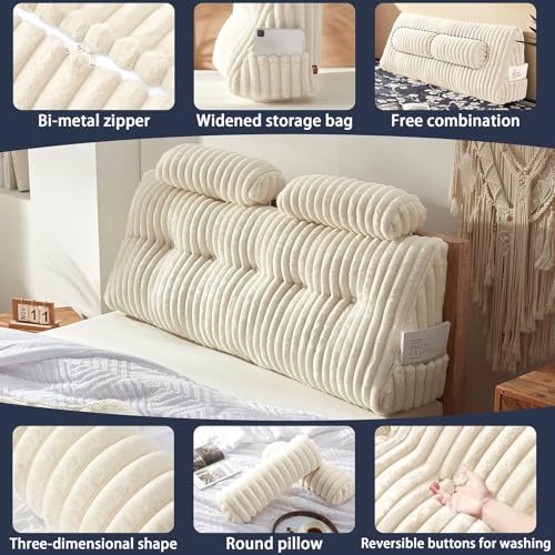 Beige Faux Fur Headboard Pillow Set with 2 Neck Rolls - Queen Size