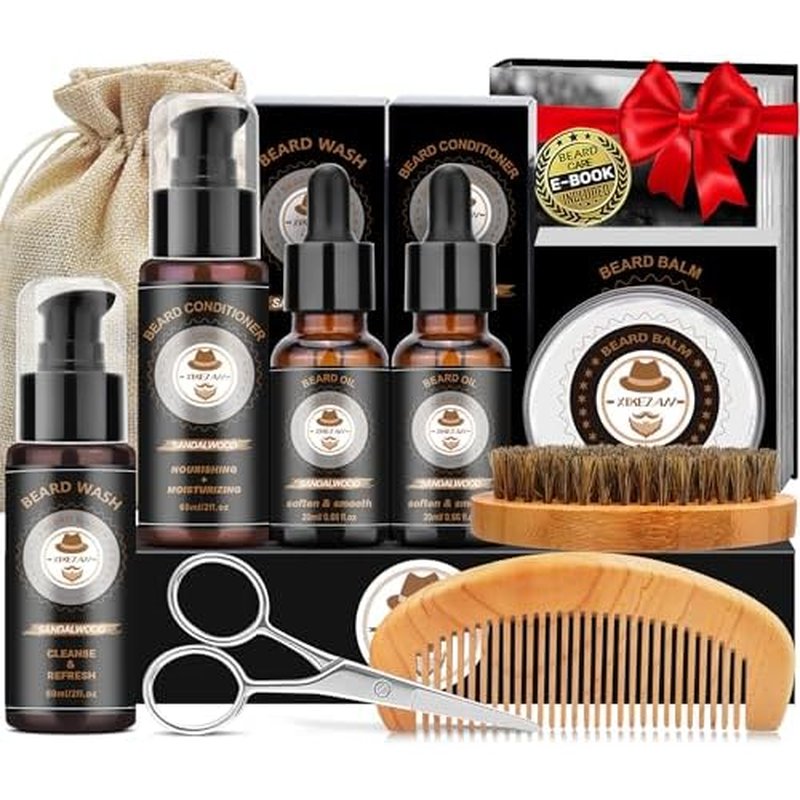 Christmas Gifts for Men,XIKEZAN Beard Care & Trimming Kit with Sandalwood Beard Oil, Wash, Conditioner, Balm,Brush,Unique Valentines Thanksgiving Birthday Gifts for Husband Dad,Mens Stocking Stuffers
