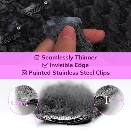 Seamless Clip-In Hair Extensions - Kinky Straight 14 Inch Natural Black 9pcs