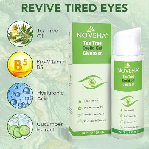 NOVEHA Tea Tree Eyelid Gel Cleanser - for Blepharitis, MGD, and Dry Eye with Pro-Vitamin B5, Hyaluronic Acid, and Cucumber Extract - Gentle Cleansing, Soothes Itchy Eyelid and Burning Eyes - 3PK-50mL
